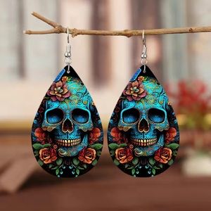 🎁 Skull Dangle Teardrop Faux Leather Earrings Halloween 💀